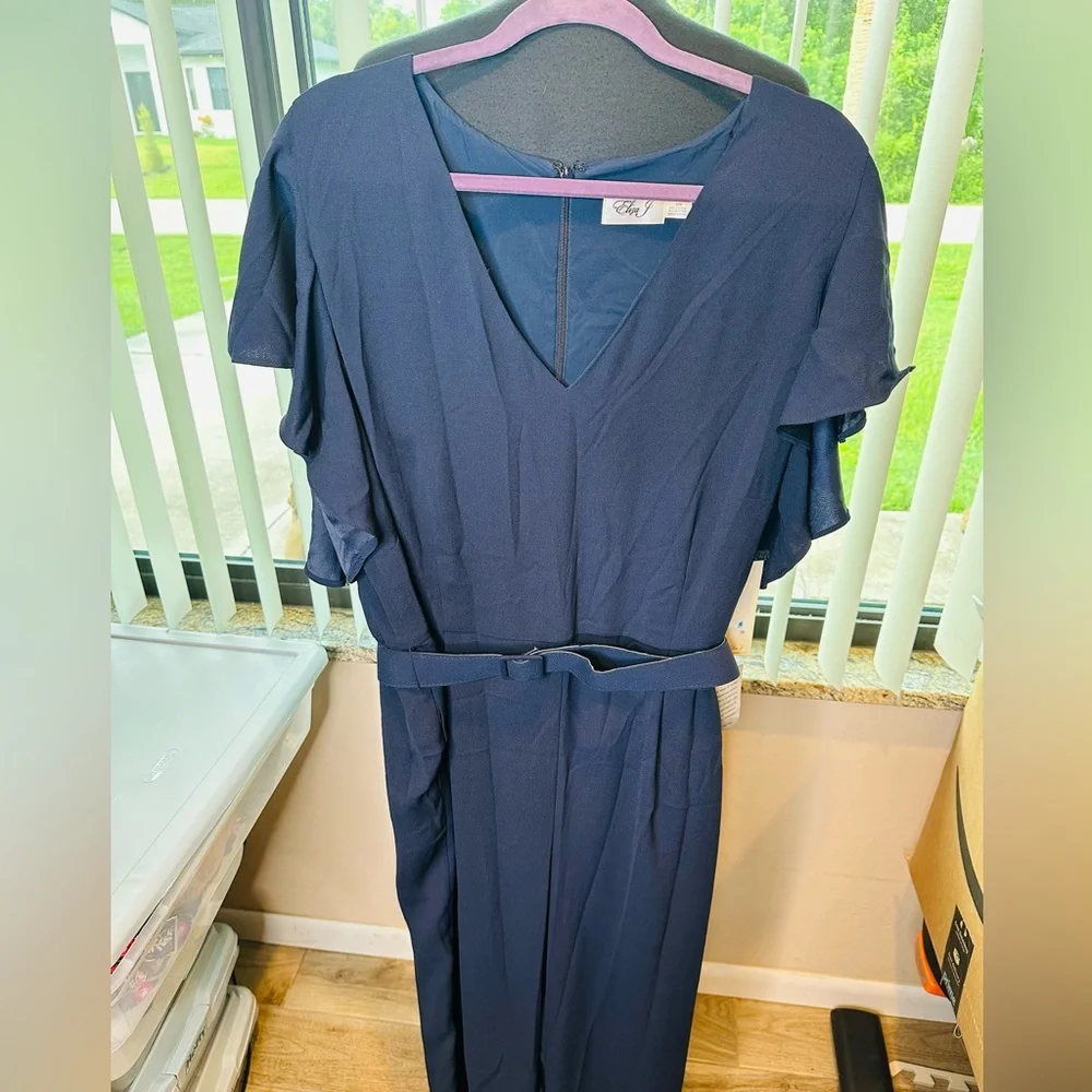 Eliza J Navy Blue V-Neck Cap Sleeves Belted Wide Leg Jumpsuit Plus  Sz 20W NEW